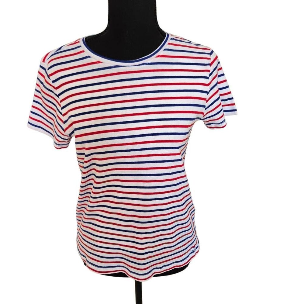 Striped Crewneck Tee in White, Red & Blue